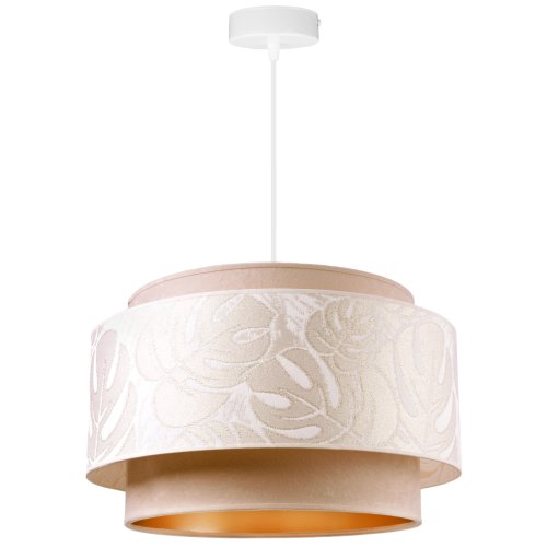 OUTLET -30% Lampa wisząca podwójny abażur okrągły 45 cm, jasny beż, wzór liście monstery, złote wykończenie, E27