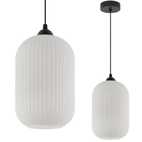 Lampa wisząca sufitowa RIFFLE, pojedynczy żyrandol z białym szklanym kloszem, ryflowany, styl glamour