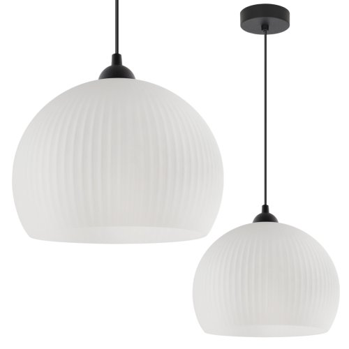 Lampa wisząca sufitowa żyrandol RIFFLE, biała szklana kula z ryflowaniem, nad stół i wyspę, E27