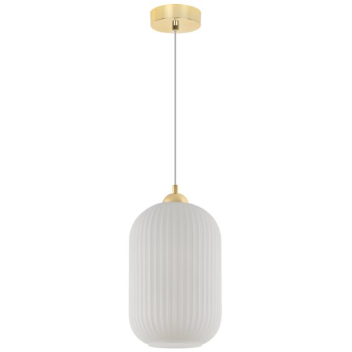 Lampa wisząca sufitowa RIFFLE, żyrandol z białym szklanym kloszem w stylu glamour, złote dodatki