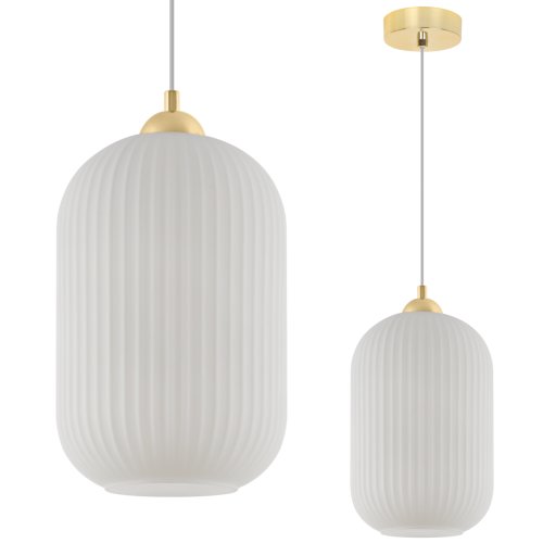 Lampa wisząca sufitowa RIFFLE, żyrandol z białym szklanym kloszem w stylu glamour, złote dodatki
