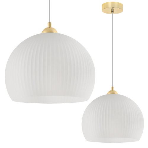 Lampa wisząca sufitowa RIFFLE, biała szklana kula z ryflowaniem, złota konstrukcja, 1 źródło światła
