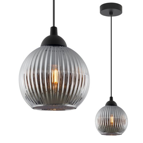 Lampa wisząca sufitowa RIFFLE, pojedyncza, grafitowa szklana kula z ryflowaniem w stylu glamour