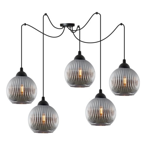 Lampa wisząca sufitowa RIFFLE, żyrandol, czarny pająk loft, grafitowe szklane kule, 5 źródeł światła