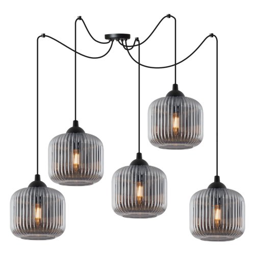 Lampa wisząca sufitowa RIFFLE, żyrandol pająk na 5 źródeł światla, grafitowe szkło, styl nowoczesny