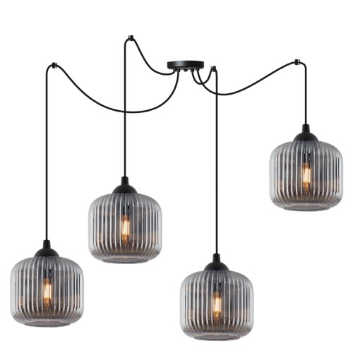 Lampa wisząca sufitowa RIFFLE, żyrandol do kuchni, salonu, sypialni, grafitowe klosze ze szkła, 4 źródła