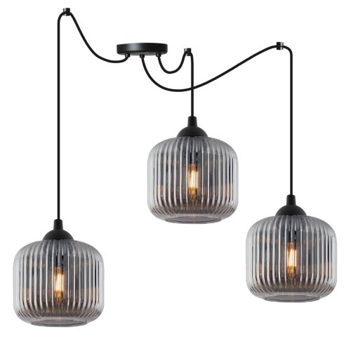 Lampa wisząca sufitowa RIFFLE, potrójna, grafitowe szklane klosze z ryflowaniem, nad stół do salonu i jadalni