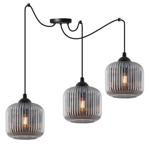 Lampa wisząca sufitowa RIFFLE, potrójna, grafitowe szklane klosze z ryflowaniem, nad stół do salonu i jadalni
