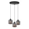 Lampa wisząca sufitowa RIFFLE, potrójna, czarna konstrukcja, ryflowane grafitowe klosze, gwint E27