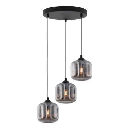 Lampa wisząca sufitowa RIFFLE, potrójna, czarna konstrukcja, ryflowane grafitowe klosze, gwint E27