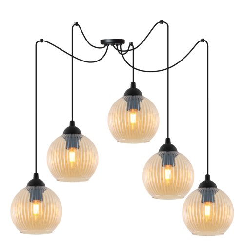 Lampa wisząca sufitowa RIFFLE, żyrandol nad stół i wyspę, pająk z miodowymi szklanymi kulami, E27