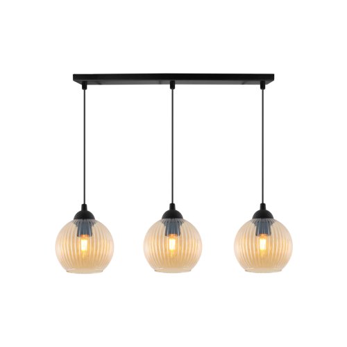 Lampa wisząca sufitowa RIFFLE, żyrandol z miodowymi szklanymi kulami z ryflowaniem, 3 źródła