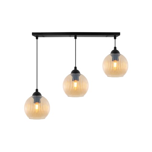 Lampa wisząca sufitowa RIFFLE, żyrandol z miodowymi szklanymi kulami z ryflowaniem, 3 źródła