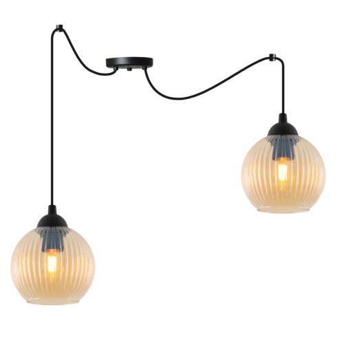 Lampa wisząca sufitowa RIFFLE, podwójny pająk do jadalni i salonu, miodowe kule z ryflowanego szkła