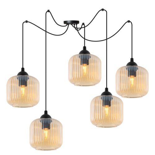 Lampa wisząca sufitowa RIFFLE, czarny pająk w stylu loft z pięcioma miodowymi kloszami, gwint E27