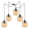 Lampa wisząca sufitowa RIFFLE, czarny pająk w stylu loft z pięcioma miodowymi kloszami, gwint E27