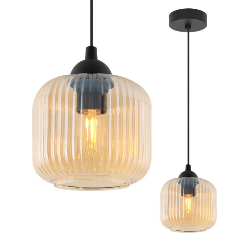 Lampa wisząca sufitowa RIFFLE, pojedyncza, ryflowany szklany klosz, pająk nad stół i wyspę, loft