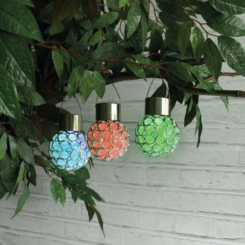 Lampa solarna zewnętrzna RING LED, wisząca, kryształowa chrom, kolory RGB