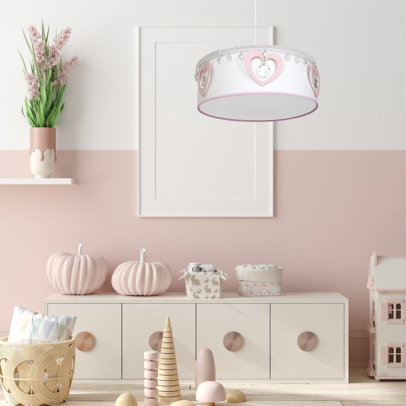 Lampa wisząca sufitowa żyrandol dziecięcy HEART, abażur w kolorze białym/różowym