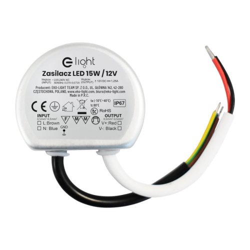 Zasilacz montażowy LED, stopień ochrony IP65, moc 15W