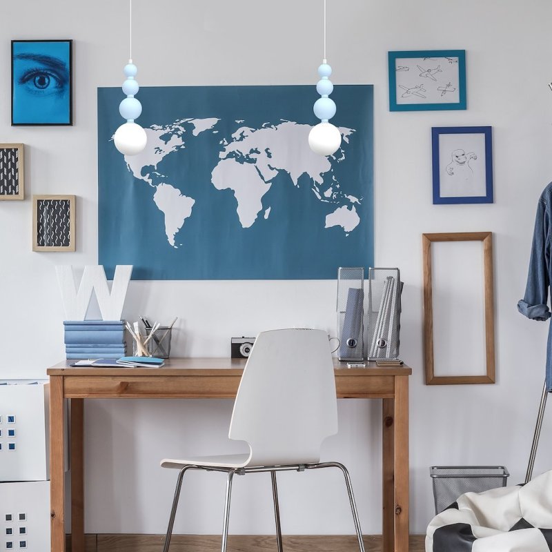Lampa wisząca sufitowa żyrandol LED BOULE, w kolorze niebieskim, do sypialni i pokoju