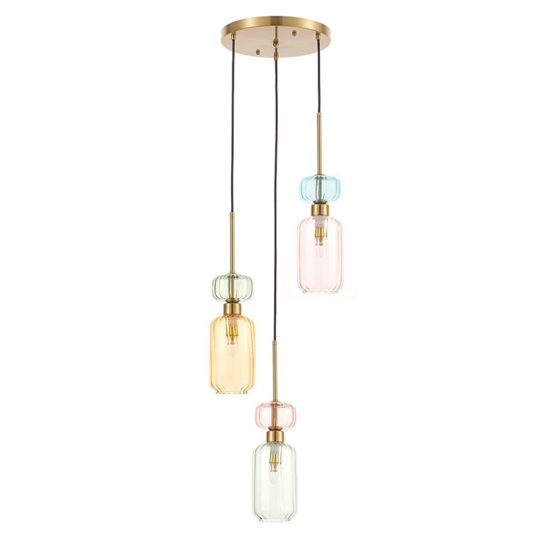 Lampa wisząca sufitowa potrójna żyrandol MOLLY, złota okrągła listwa, kolorowe szklane klosze z ryflowaniem, eklektyczna