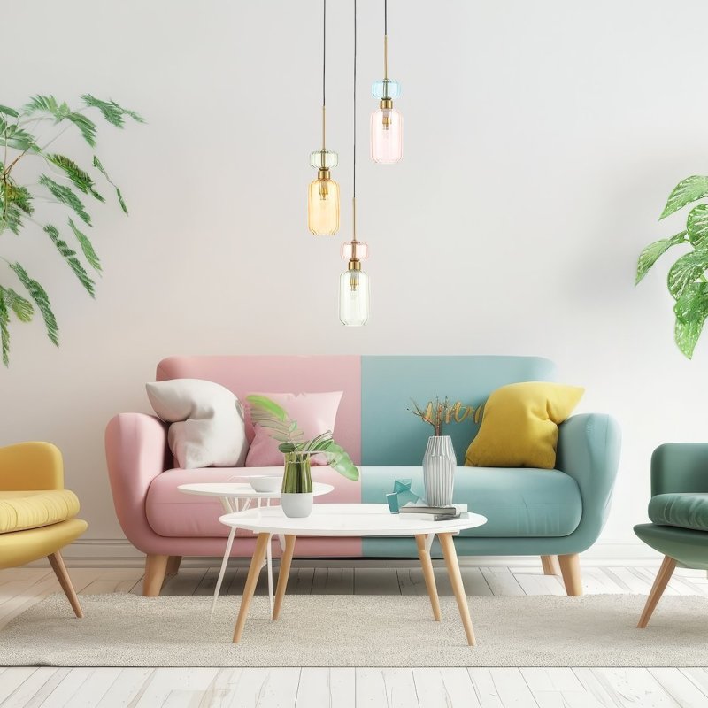 Lampa wisząca sufitowa potrójna żyrandol MOLLY, złota okrągła listwa, kolorowe szklane klosze z ryflowaniem, eklektyczna