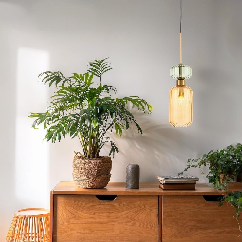 Lampa wisząca sufitowa złoty żyrandol MOLLY, topazowy szklany klosz, styl eklektyczny, nad stół i wyspę