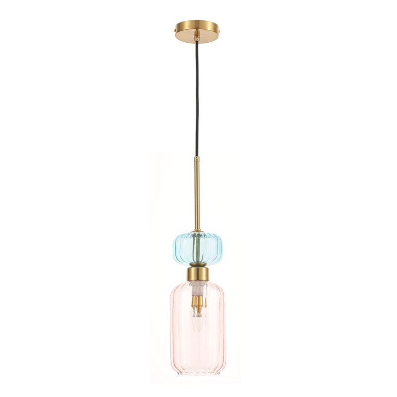 Lampa wisząca sufitowa żyrandol glamour MOLLY, pojedynczy szklany różowy klosz z ryflowaniem, do salonu, kuchni