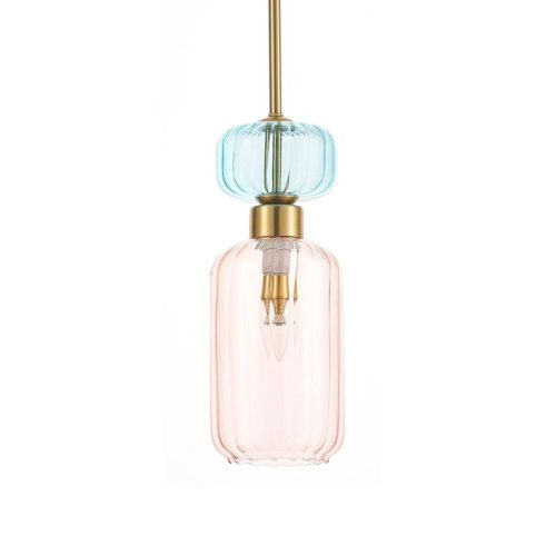 Lampa wisząca sufitowa żyrandol glamour MOLLY, pojedynczy szklany różowy klosz z ryflowaniem, do salonu, kuchni