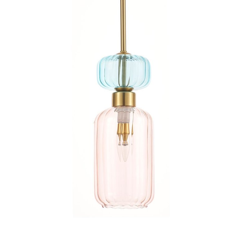 Lampa wisząca sufitowa żyrandol glamour MOLLY, pojedynczy szklany różowy klosz z ryflowaniem, do salonu, kuchni