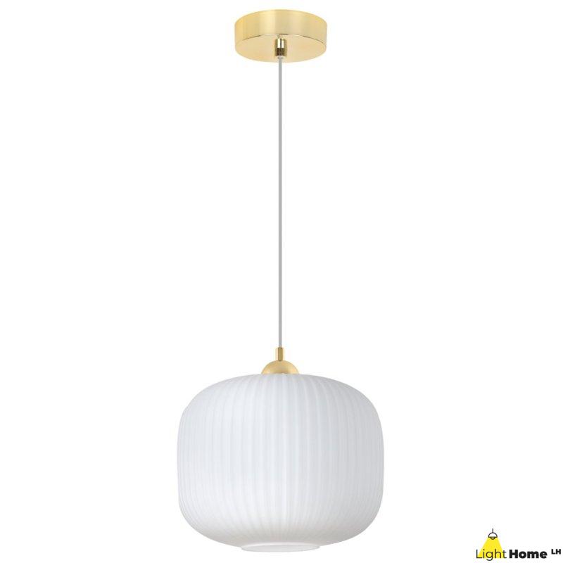 Lampa wisząca sufitowa żyrandol złoty RIFFLE pojedynczy biały szklany ryflowany glamour