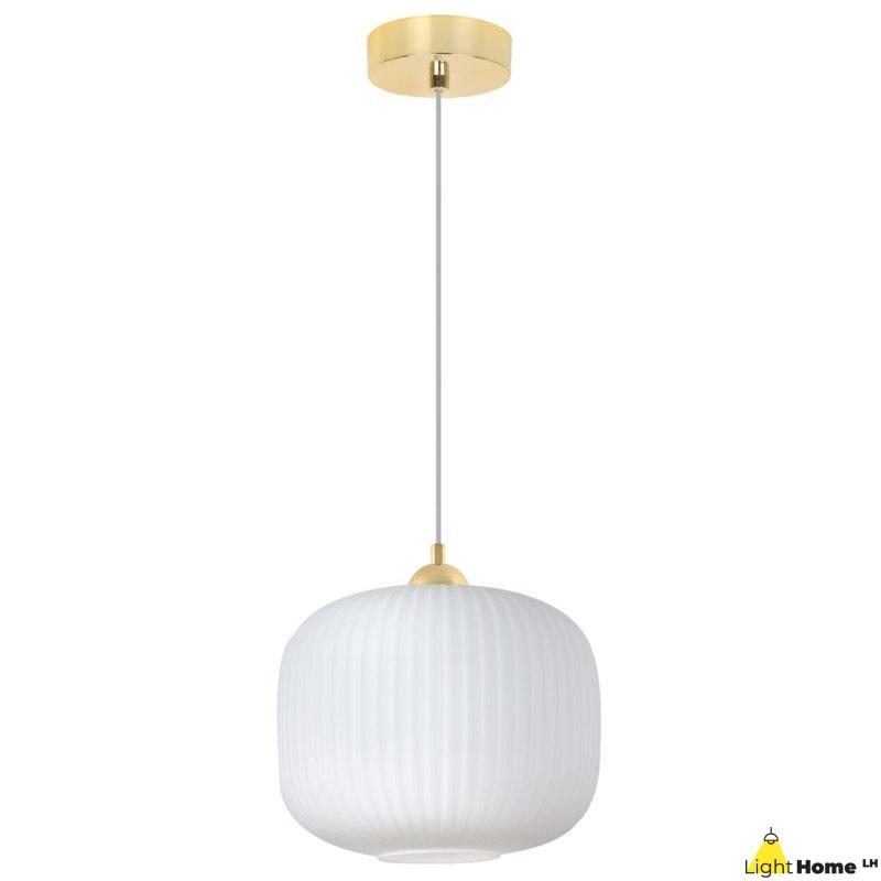 Lampa wisząca sufitowa żyrandol złoty RIFFLE pojedynczy biały szklany ryflowany glamour
