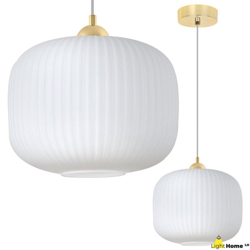 Lampa wisząca sufitowa żyrandol złoty RIFFLE pojedynczy biały szklany ryflowany glamour