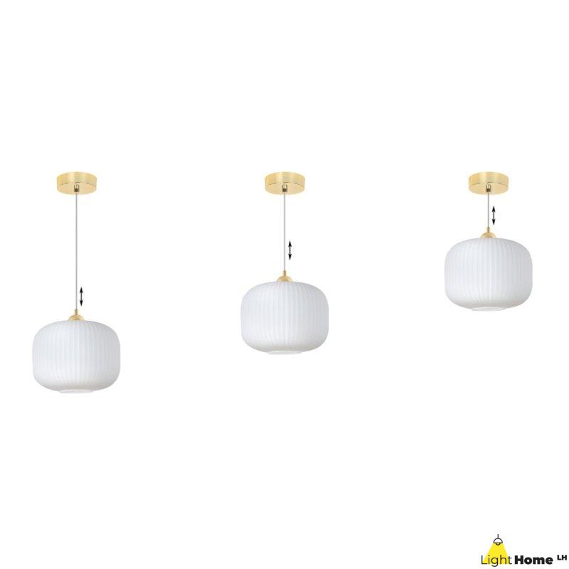 Lampa wisząca sufitowa żyrandol złoty RIFFLE pojedynczy biały szklany ryflowany glamour