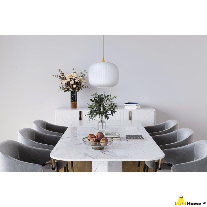 Lampa wisząca sufitowa żyrandol złoty RIFFLE pojedynczy biały szklany ryflowany glamour