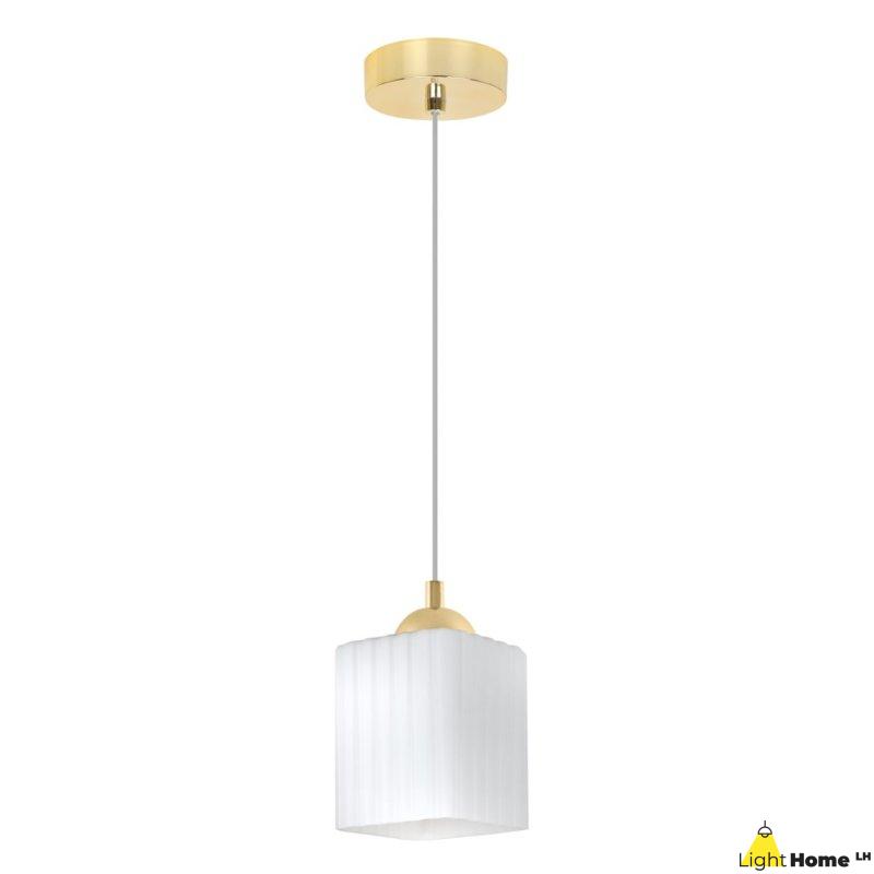 Lampa wisząca sufitowa żyrandol złoty RIFFLE pojedynczy biały szklany ryflowany do łazienki kuchni