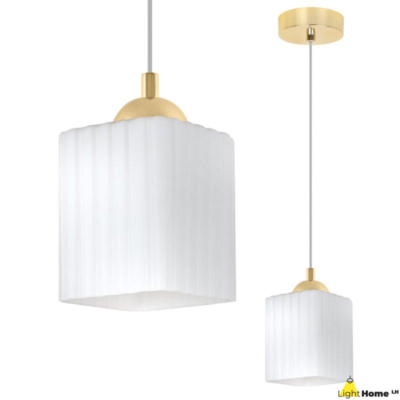 Lampa wisząca sufitowa żyrandol złoty RIFFLE pojedynczy biały szklany ryflowany do łazienki kuchni