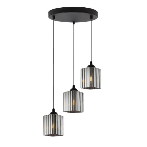 Lampa wisząca sufitowa żyrandol grafitowy potrójny RIFFLE szklany ryflowany czarna listwa