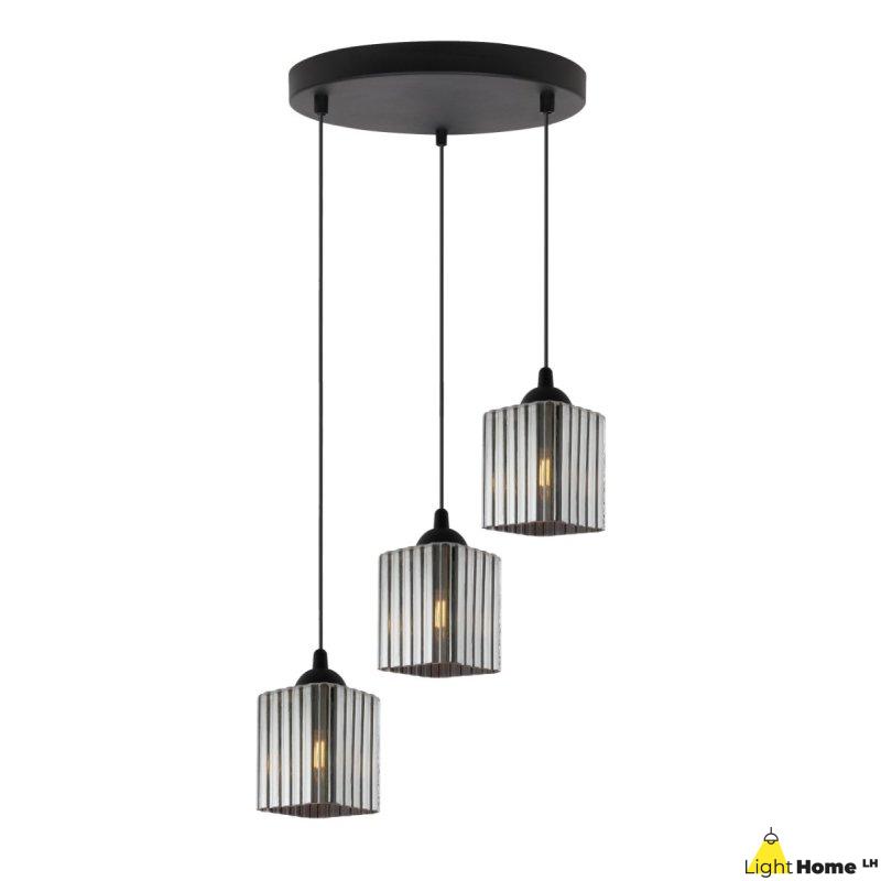 Lampa wisząca sufitowa żyrandol grafitowy potrójny RIFFLE szklany ryflowany czarna listwa