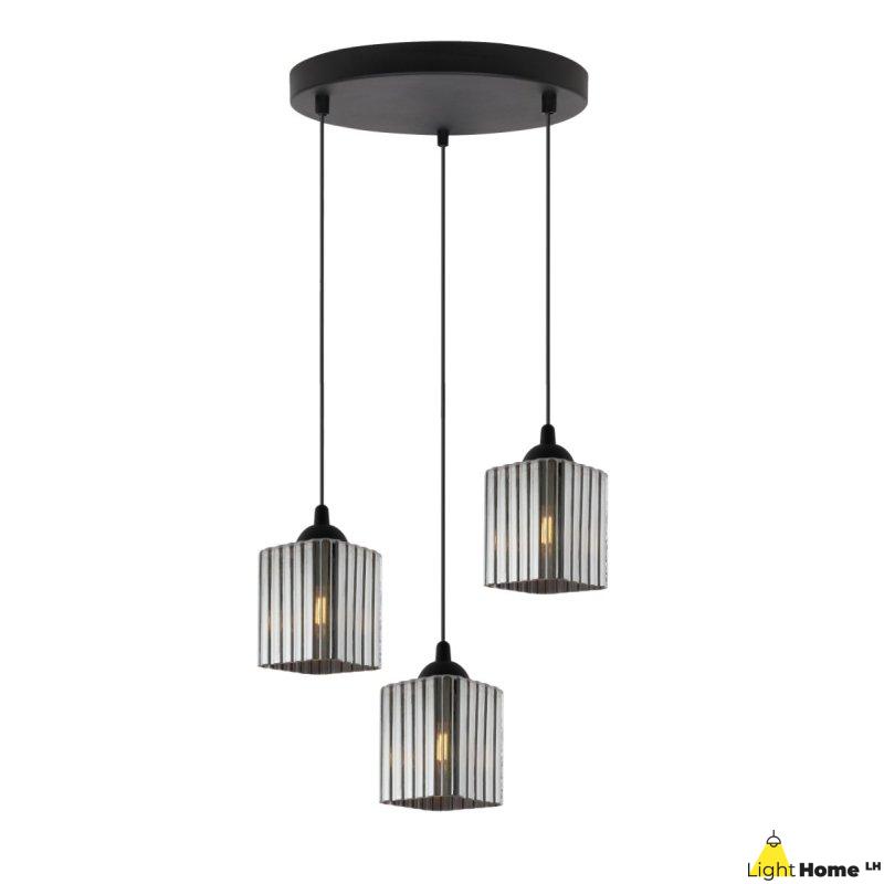 Lampa wisząca sufitowa żyrandol grafitowy potrójny RIFFLE szklany ryflowany czarna listwa