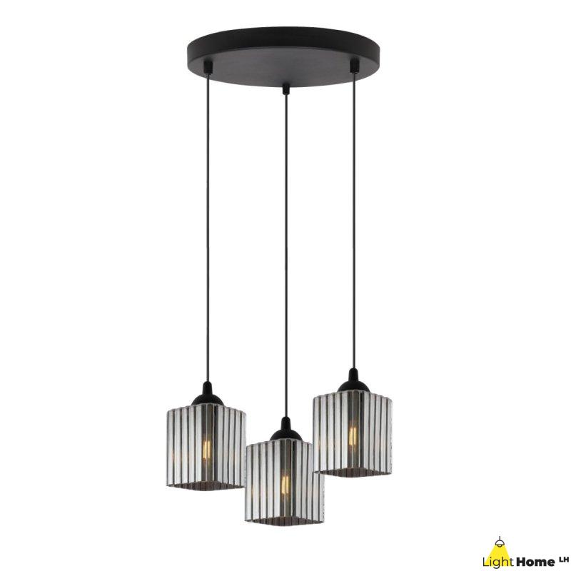 Lampa wisząca sufitowa żyrandol grafitowy potrójny RIFFLE szklany ryflowany czarna listwa