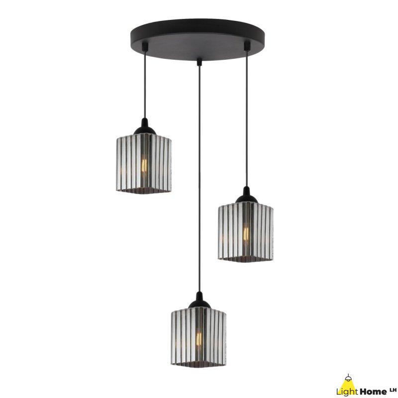 Lampa wisząca sufitowa żyrandol grafitowy potrójny RIFFLE szklany ryflowany czarna listwa