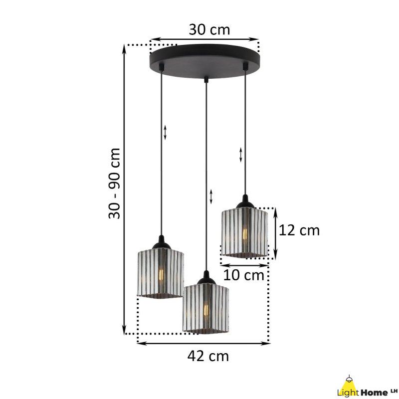 Lampa wisząca sufitowa żyrandol grafitowy potrójny RIFFLE szklany ryflowany czarna listwa