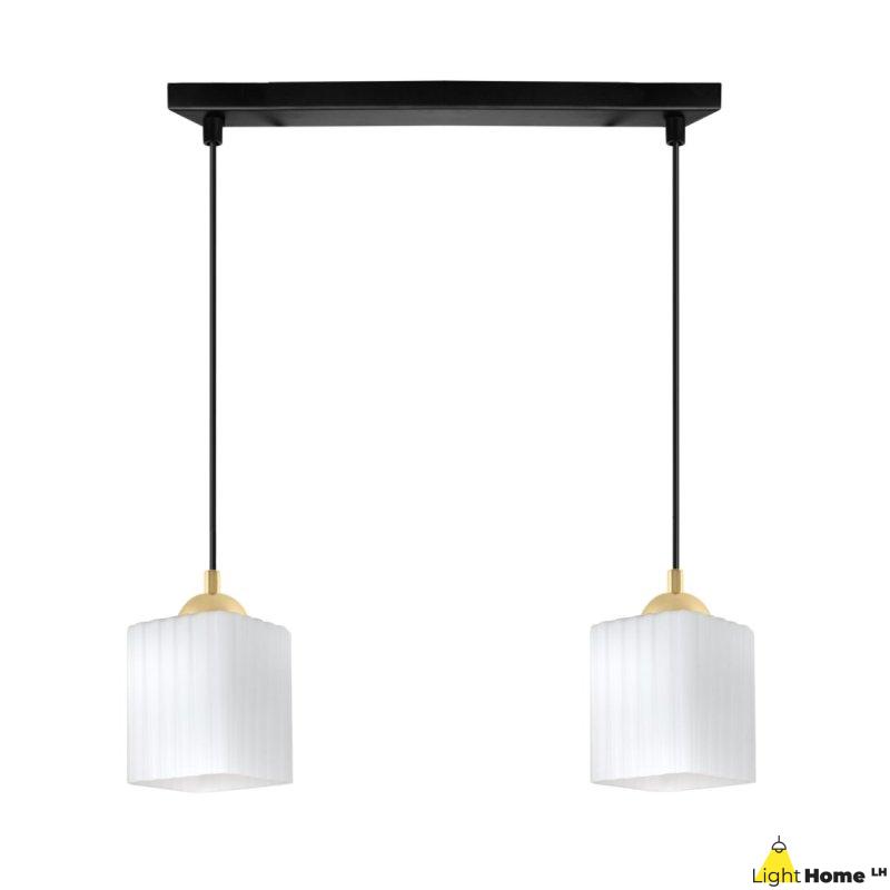 Lampa wisząca sufitowa żyrandol czarno-złoty podwójny RIFFLE szklany ryflowany biały