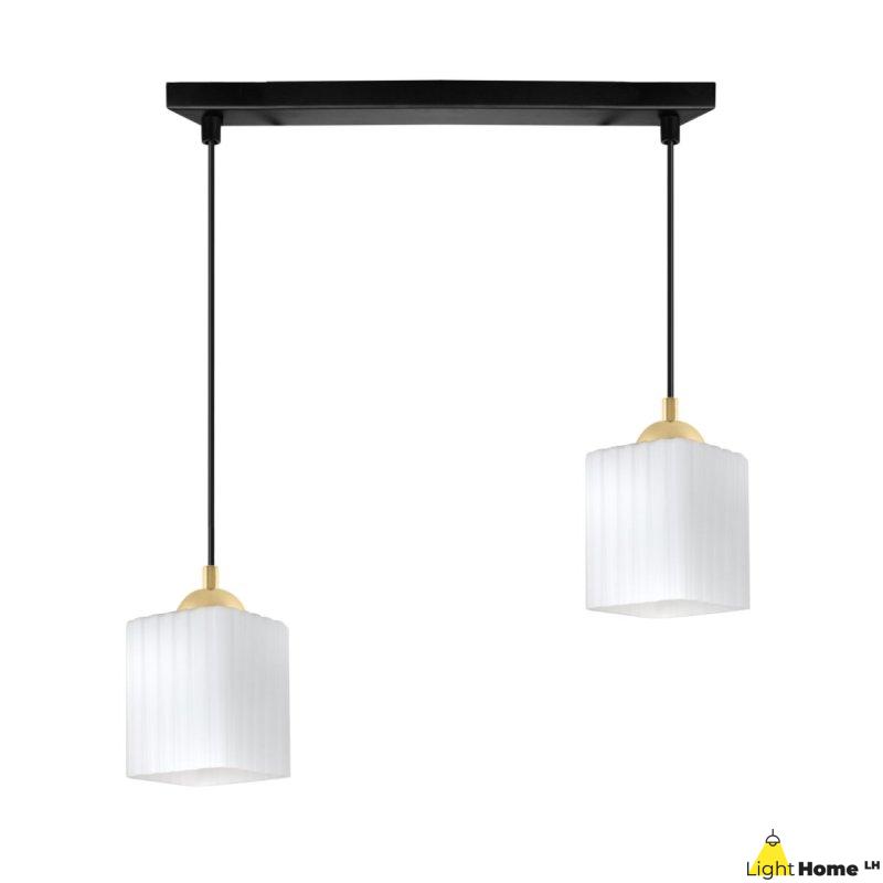 Lampa wisząca sufitowa żyrandol czarno-złoty podwójny RIFFLE szklany ryflowany biały