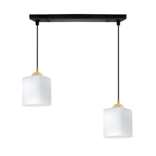 Lampa wisząca sufitowa żyrandol czarno-złoty podwójny RIFFLE szklany ryflowany biały