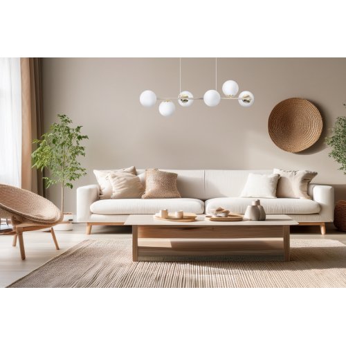 Lampa wisząca SIENA, kaszmirowy żyrandol do kuchni i salonu, szklane białe kule, 6xE14