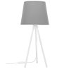 Lampka trójnóg biała konstrukcja i szary materiałowy klosz