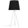 Stylowa lampka nocna z białą konstrukcją i czarnym materiałowym abażurem w kształcie stożka